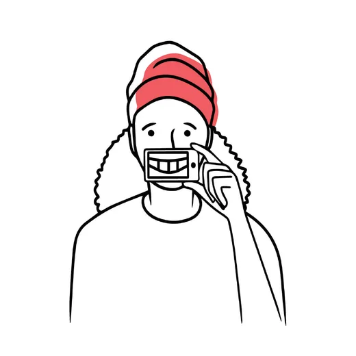 SUE illustration of someone holding a phone in front of their mouth, with a broad smile on the screen