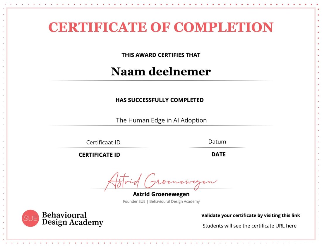 Voorbeeld van het online certificaat van The Human Edge in AI Adoption, met de naam van de deelnemer, het certificaat-ID en de handtekening van Astrid Groenewegen.