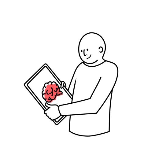 Illustratie van het SUE-mannetje dat een tablet met een brein erop vasthoudt: de Mentor.