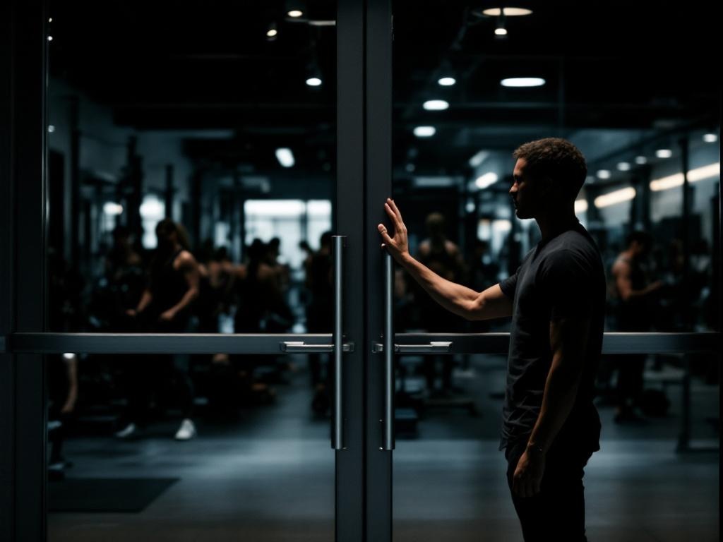 Person hesitating outside gym glass doors - the anxiety of walking in for the first time