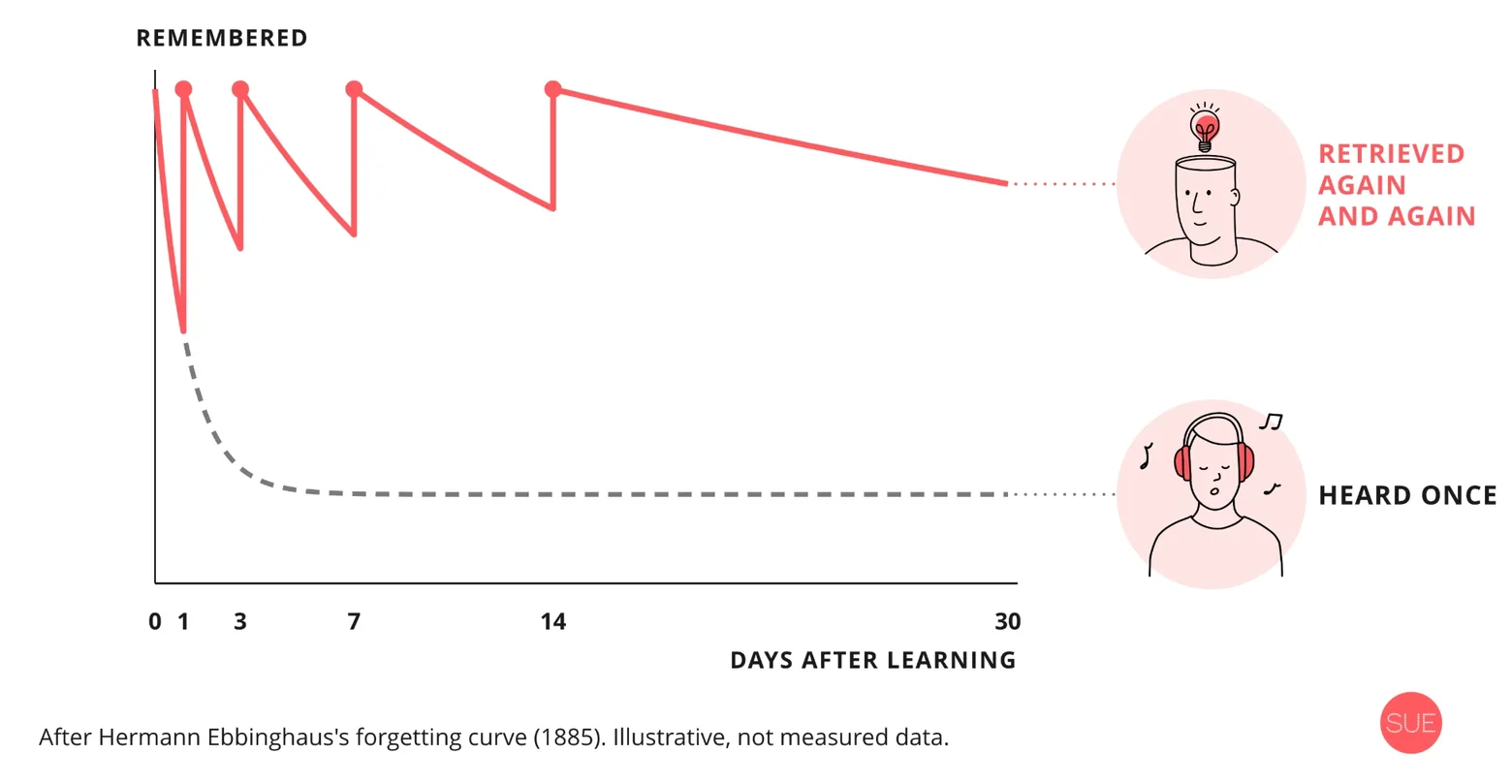 The Ebbinghaus forgetting curve: what you only heard drops steeply after a day, what you retrieve again after 1, 3, 7 and 14 days largely remains after 30 days