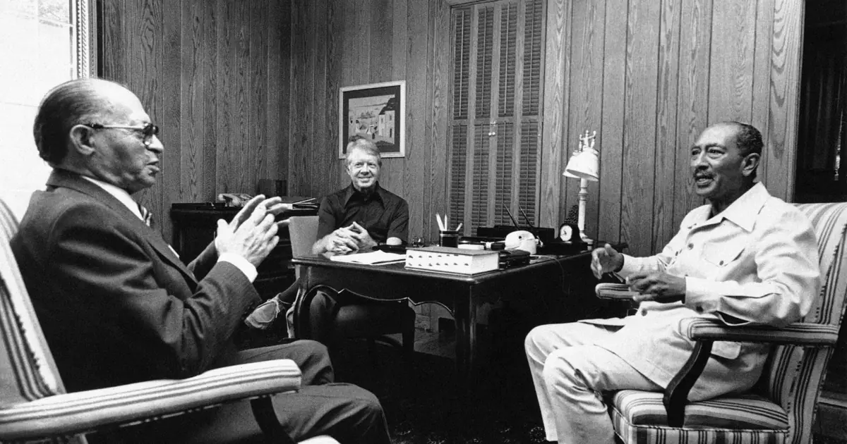 Begin, Carter en Sadat bij de Camp David-onderhandelingen, 1978