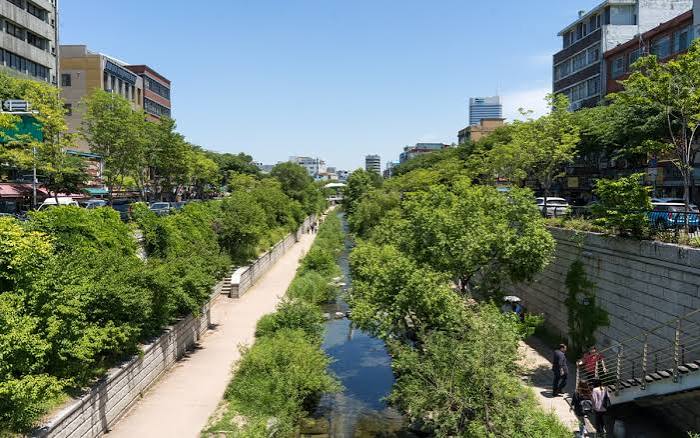 The Cheonggyecheon stream in central Seoul, restored from under an elevated motorway demolished in 2003