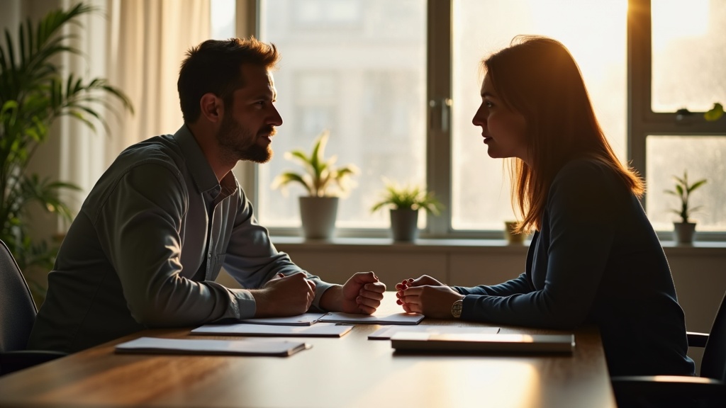 Manager in a coaching conversation with a team member in a modern workplace