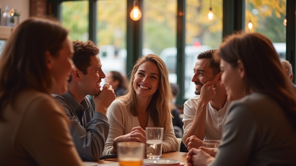 Mensen die samen lachen in een warme, lichte omgeving - geluk gevormd door sociale context