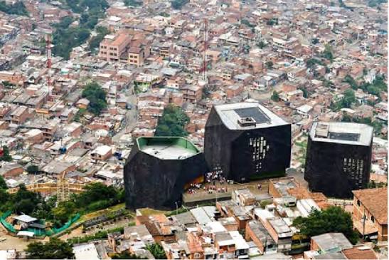 The España library park in Medellín, built as part of the urban transformation connecting the hillside settlements above the city