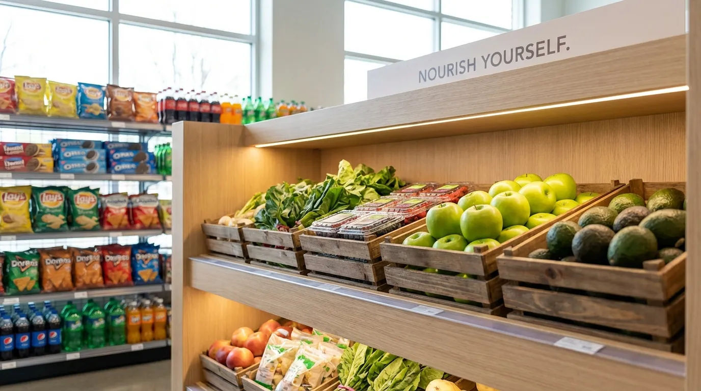 Gezonde producten op ooghoogte in een supermarkt - een klassiek nudge-voorbeeld dat shoppers subtiel naar betere keuzes stuurt zonder regels of verboden