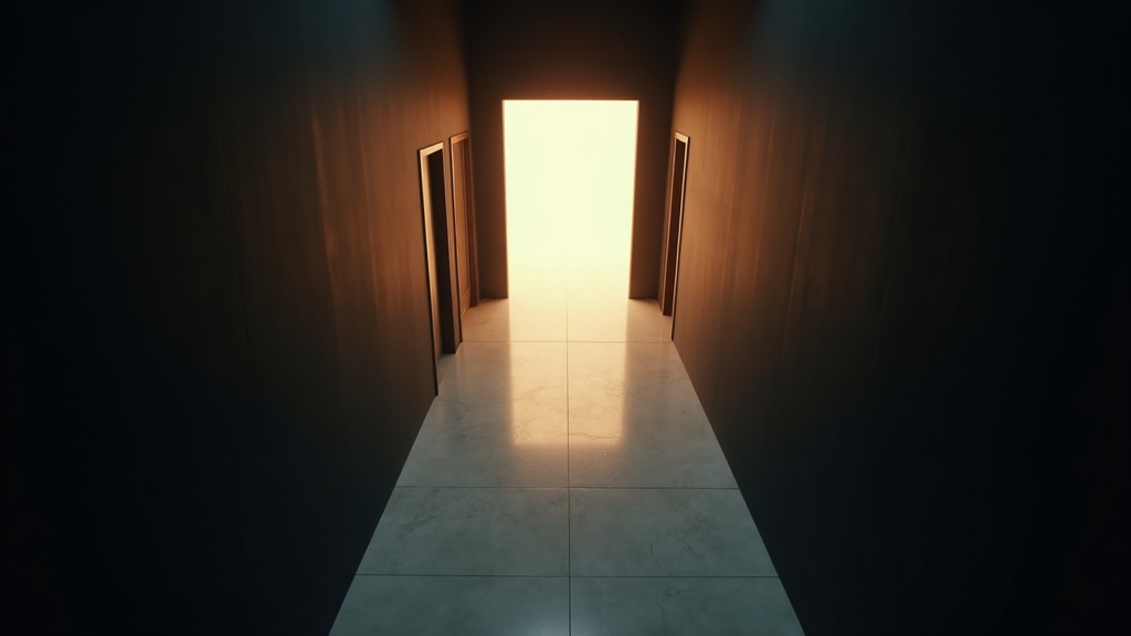 A dark corridor with one large bright door and two smaller dark doors - a metaphor for nudging and choice architecture