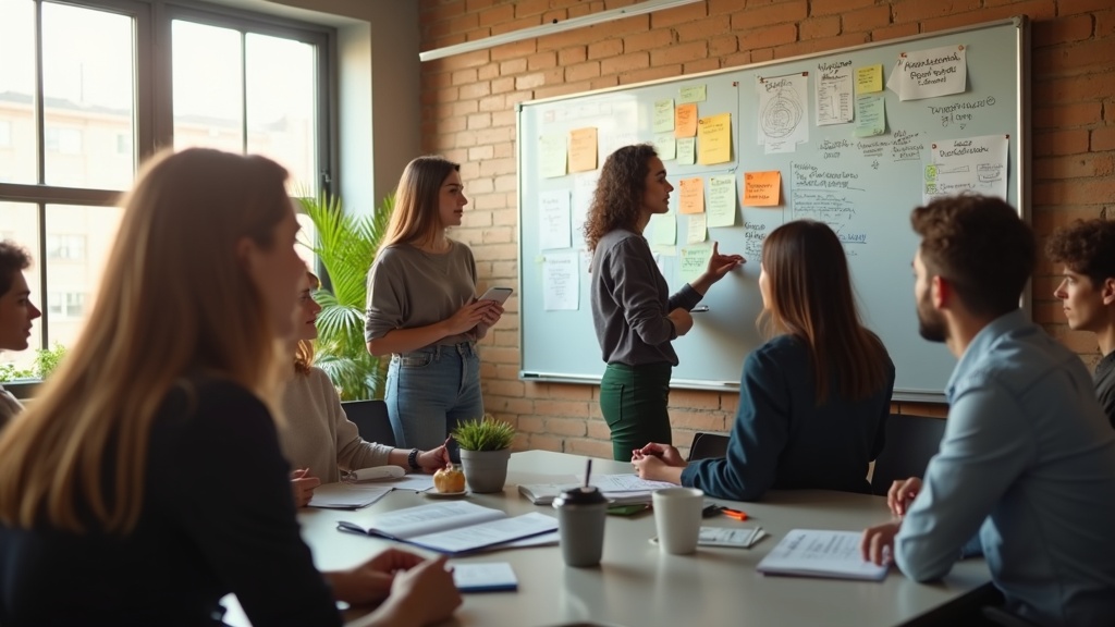 Team in meeting room during organisational change - employees discussing a new way of working