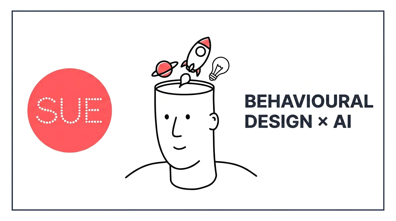 Behavioural AI = Human Intelligence x Artificial Intelligence. De visuele kern van de SUE-visie op Behavioural Design x AI.