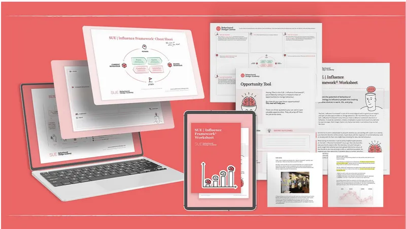 The Behavioural Design Toolkit: worksheets, canvases and cheat cards on laptop, tablet and paper