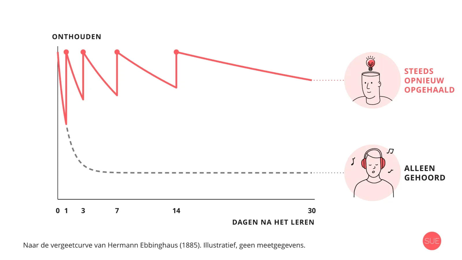 Grafiek van de vergeetcurve: wat je alleen hoort, zakt binnen een dag diep weg en blijft laag. Wat je op dag 1, 3, 7 en 14 opnieuw ophaalt, zakt steeds minder ver en blijft na 30 dagen hoog.