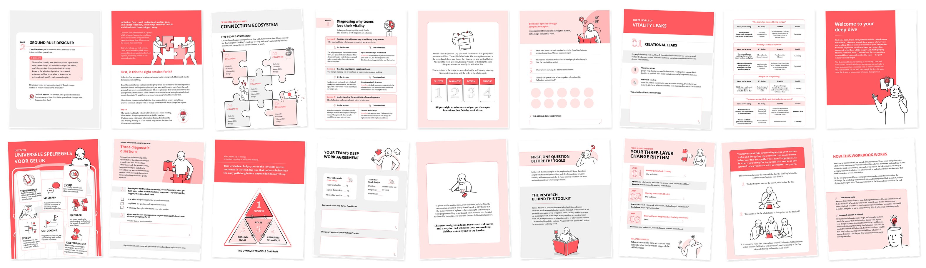 Eighteen templates from the deep dive side by side, with fields, tables and trackers